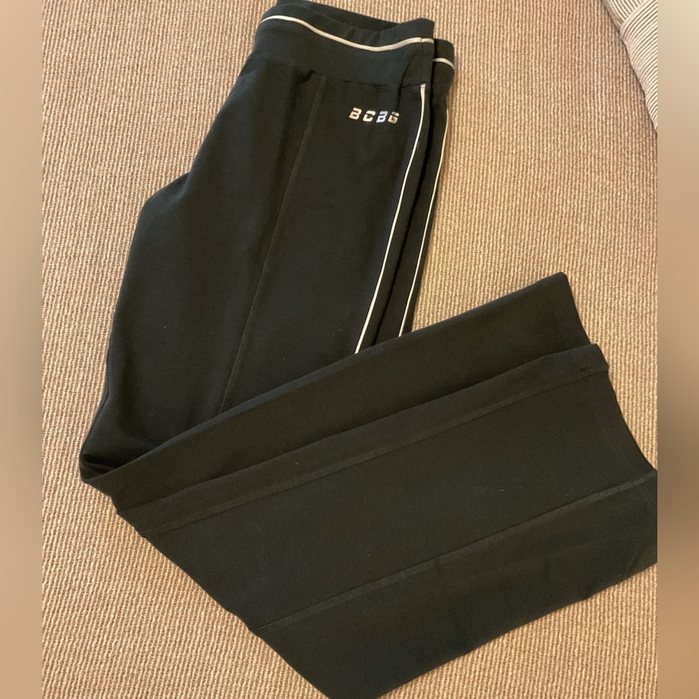 BCBGMaxAzria Black Straight Track Pants  with White Stripe & Permanent crease.